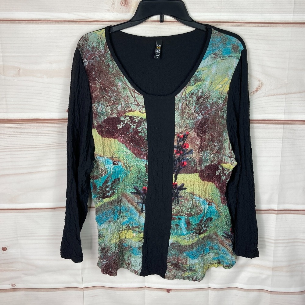 Khangura Top Women M Black Artsy Print Blouse V-Neck Crinkle Long Sleeve Stretch